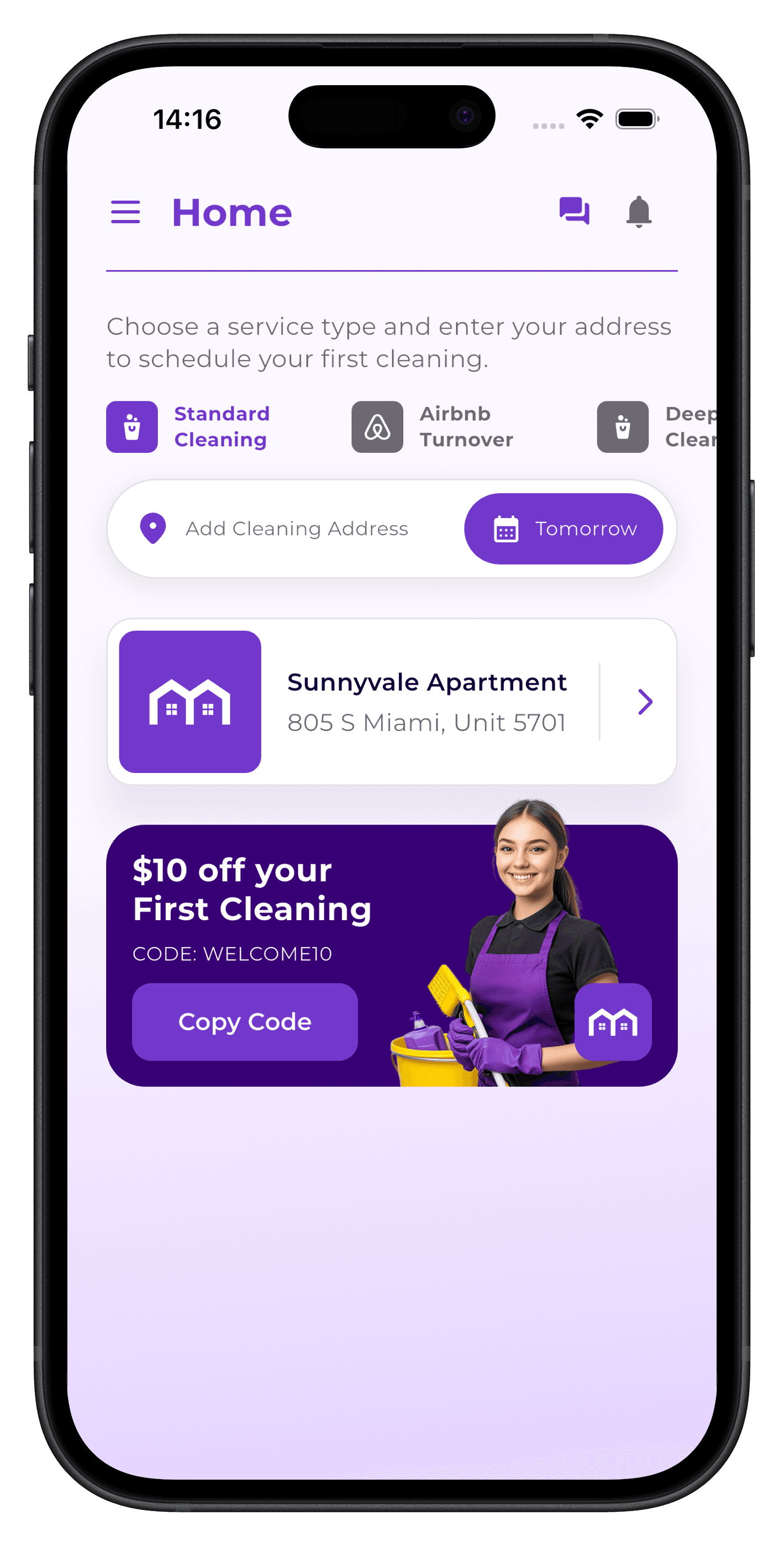 The Rushmaid app's home screen on an iPhone, with the service types, the address field and the first-cleaning offer